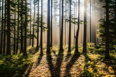 Misty forest scene with sunbeams filtering through the trees.の写真素材