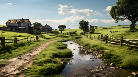 Picturesque rural scene, idyllic farm with stream.の写真素材