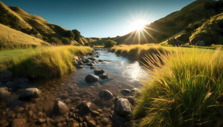 Stunning sunset over a serene river flowing through rolling hills. Peaceful and tranquil scene.の写真素材