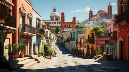 Sun-drenched colorful buildings line a cobbled street, a grand church dominates the hilltop backdropの写真素材