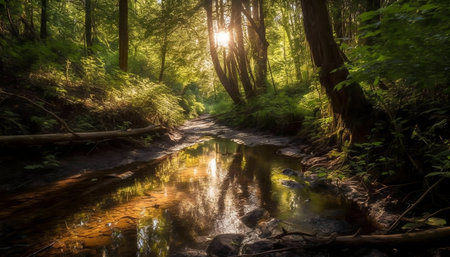 Golden sunlight filters through the trees, illuminating a tranquil forest stream.の写真素材