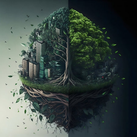 A surreal digital artwork contrasting a thriving natural world and an urban landscape, highlighting the balance between nature and city development.の写真素材