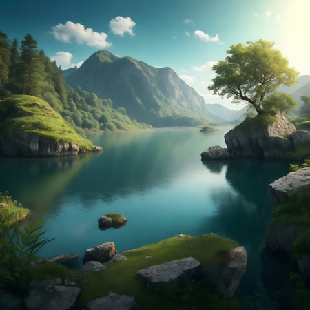 A tranquil mountain lake scene, with serene waters reflecting the mountains and sky.の写真素材