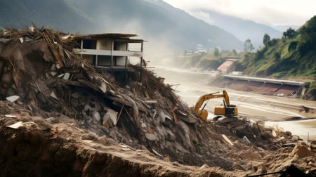 A large landslide has destroyed a building and surrounding area. An excavator works to clear the debris.の写真素材
