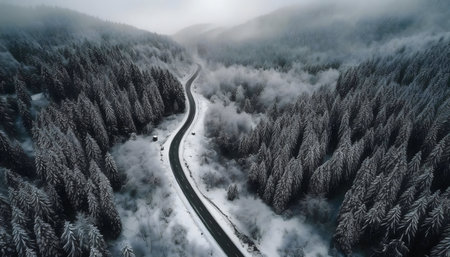 A winding road cuts through a snow-covered forest in winter. Aerial shot.の写真素材