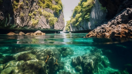 Stunning underwater view of a tropical lagoon. Clear water, rocks, and vibrant colors.の写真素材