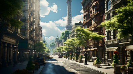 A sun-drenched Parisian street, showcasing elegant architecture and tranquil ambiance.の写真素材