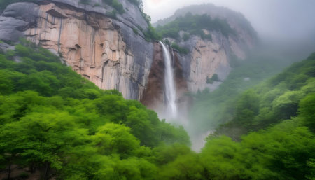 A majestic waterfall cascading down a misty mountain, surrounded by vibrant green forest.の写真素材