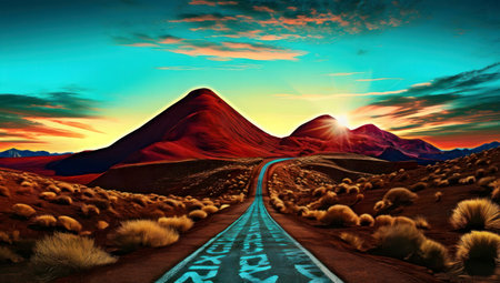 A scenic road winds through a vibrant desert landscape, leading towards majestic crimson mountains at sunset.の写真素材