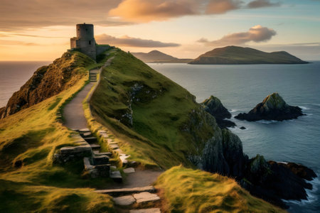 Dramatic sunset over the Irish coast, featuring a historic tower on a cliff overlooking the ocean and islands.の写真素材