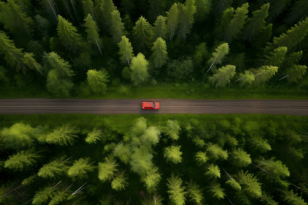 Red car on a road surrounded by a dense green forest. Aerial view.の写真素材