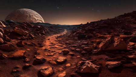 A stunning view of a Martian landscape. Rocks, path, red planet.の写真素材