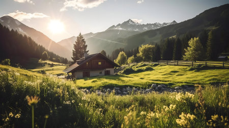 Serene sunset view of an alpine cabin nestled in a green mountain valley.の写真素材