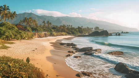 Picturesque tropical beach with palm trees, calm ocean waves, and mountains in background.の写真素材