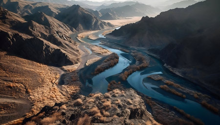 Serene river flows through a mountain range.の写真素材