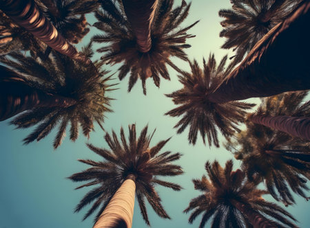 Low angle view of palm trees against a bright sky.の写真素材
