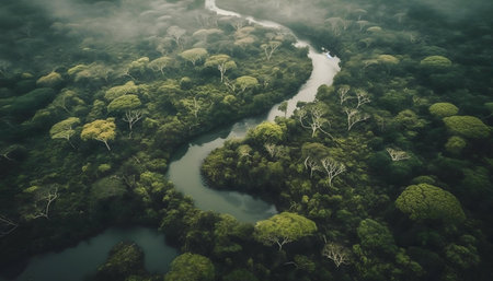 A stunning aerial shot of a river flowing through a lush rainforest. The vibrant green canopy and winding waterway create a scene of tranquility.の写真素材