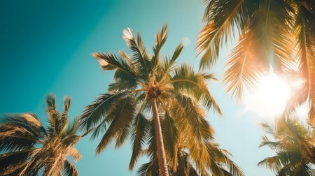 Palm trees bathed in sunlight against a bright blue sky. Tropical paradise vibes.