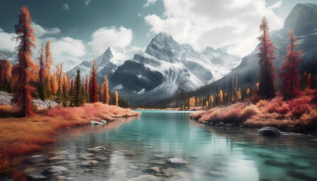 Serene autumnal lake nestled amidst majestic mountains. Vibrant colors, tranquil atmosphere.の写真素材