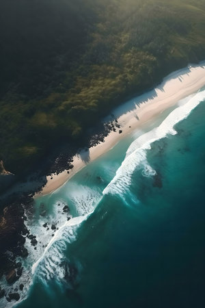 Stunning aerial shot of a secluded beach, waves crashing on the shore, and a lush green forest.の写真素材