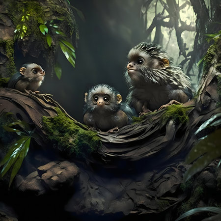Three charming marmosets perched on a mossy branch in a lush rainforest setting.