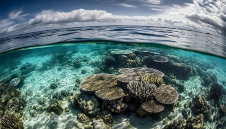 A breathtaking view of a vibrant coral reef, half above and half below the water's surface.の写真素材