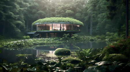 Circular house nestled in a forest by a lake, serene and peaceful.