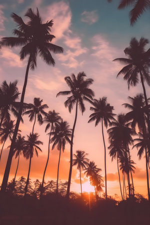 Silhouetted palm trees against a vibrant sunset. Tropical paradise.の写真素材