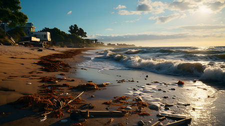 Serene sunrise over a beach with houses and ocean waves. Beautiful coastal scenery.の写真素材