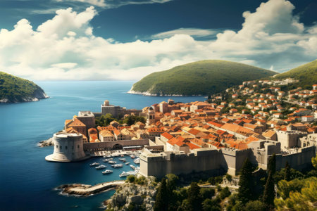 Picturesque Dubrovnik, Croatia. A stunning aerial view of the old town, harbor, and surrounding landscape.の写真素材