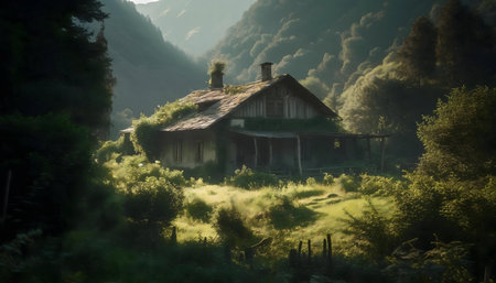 Secluded mountain cabin overgrown by nature. Peaceful and mysterious atmosphere.の写真素材