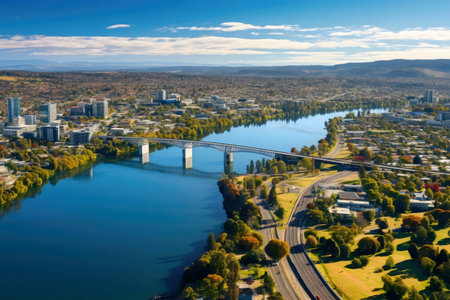 Stunning aerial shot of Launceston, Tasmania, showcasing its beautiful river, bridge, and cityscape.の写真素材