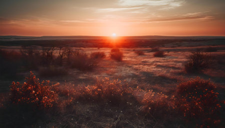 A captivating sunset paints the prairie sky with fiery hues. Warm light bathes the landscape in tranquility.の写真素材