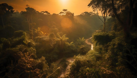 A breathtaking sunrise illuminates a lush rainforest, painting the scene in warm, golden hues.の写真素材