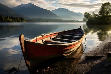 A red rowboat rests on a tranquil lake shore, majestic mountains and a serene sunrise in the background.の写真素材