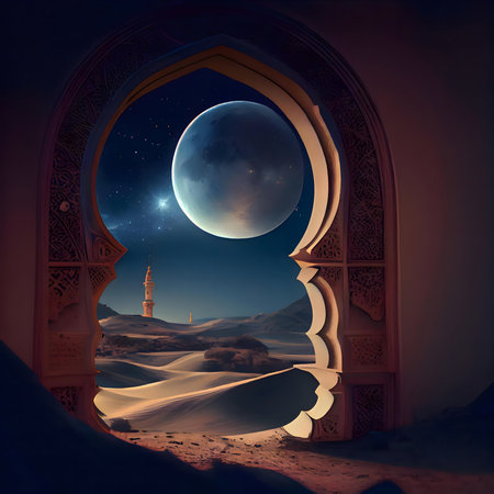 A mystical desert night scene viewed through an ornate archway, featuring a large moon and starry sky.の写真素材