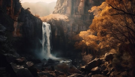 Stunning waterfall cascading down rugged cliffs, bathed in autumn's warm glow.の写真素材