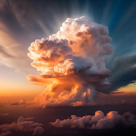 A breathtaking aerial view of a massive cumulonimbus cloud illuminated by a vibrant sunset.の写真素材