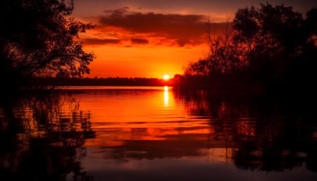 A breathtaking sunset over a calm lake, fiery colors reflected in the water.の写真素材