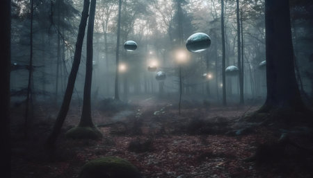 Misty forest with floating spheres, creating a surreal and mysterious atmosphere.
