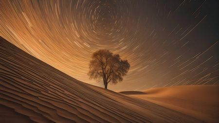 A lone tree stands in a desert under a swirling night sky, captured with a long exposure revealing star trails.の写真素材