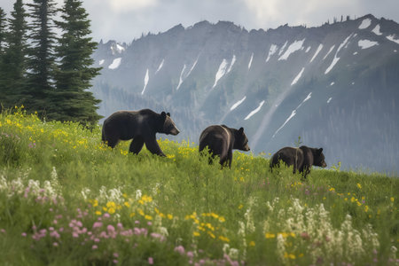 Three black bears stroll through a vibrant mountain meadow, majestic mountains providing a breathtaking backdrop.の写真素材