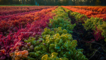 Striking image of colorful rows of farm crops during sunset. Vibrant hues of red, orange, and green dominate.の写真素材