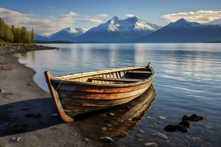 A wooden rowboat rests on a serene lake shore, snow-capped mountains in the background.の写真素材