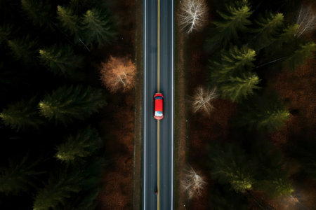 A red car drives down a road surrounded by trees. Seen from above.の写真素材