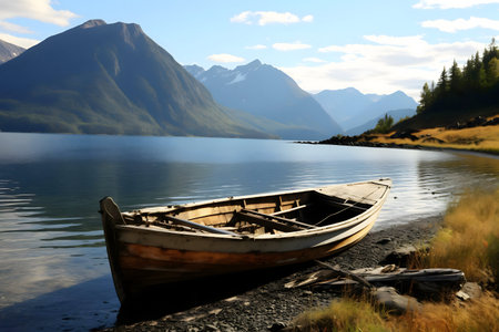 A weathered wooden boat rests on the lakeshore, reflecting the majestic mountains.の写真素材
