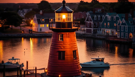 Scenic sunset over a harbor with lighthouseの写真素材