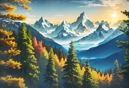 Stunning autumnal mountain range with vibrant trees and a serene atmosphere.の写真素材