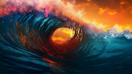 Stunning sunset over a massive wave. Colors are amazing!の写真素材