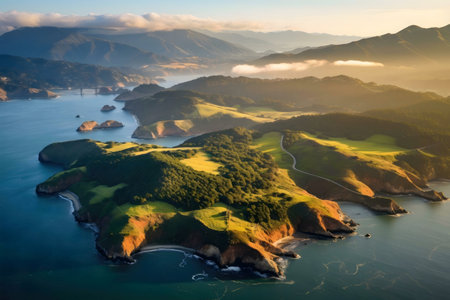 Stunning aerial shot of the Marin Headlands coastline, showcasing the Golden Gate Bridge in the distance. The image captures golden hour light, adding a special beauty to the landscapeの写真素材